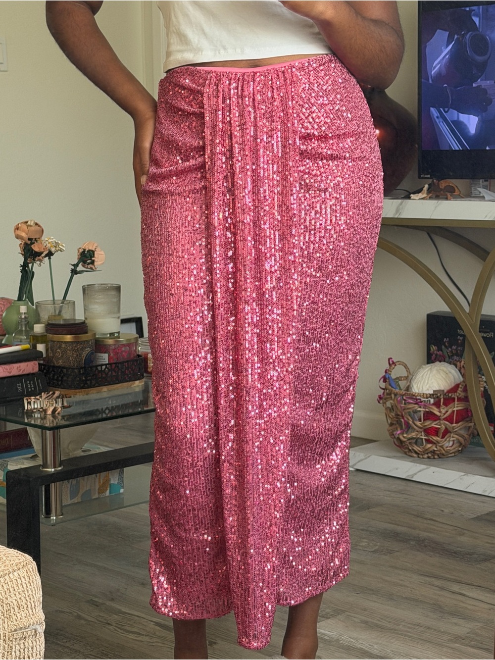 River Island Pink Sequin Midi Skirt